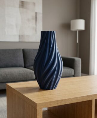 Vaso ARLO blu stampato in 3D con nervature a spirale su tavolino in rovere