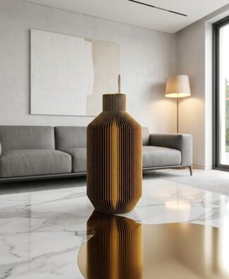 Vaso LUMA tricolore stampato in 3D su tavolino in marmo in un living moderno